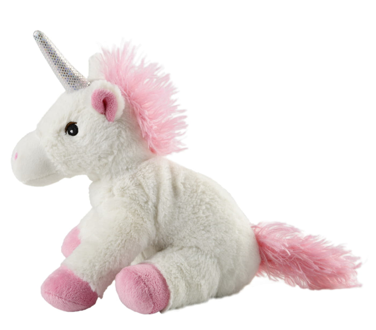 Warmies Einhorn weiß mit rosa Mähne und Füßen sitzend von der Seite