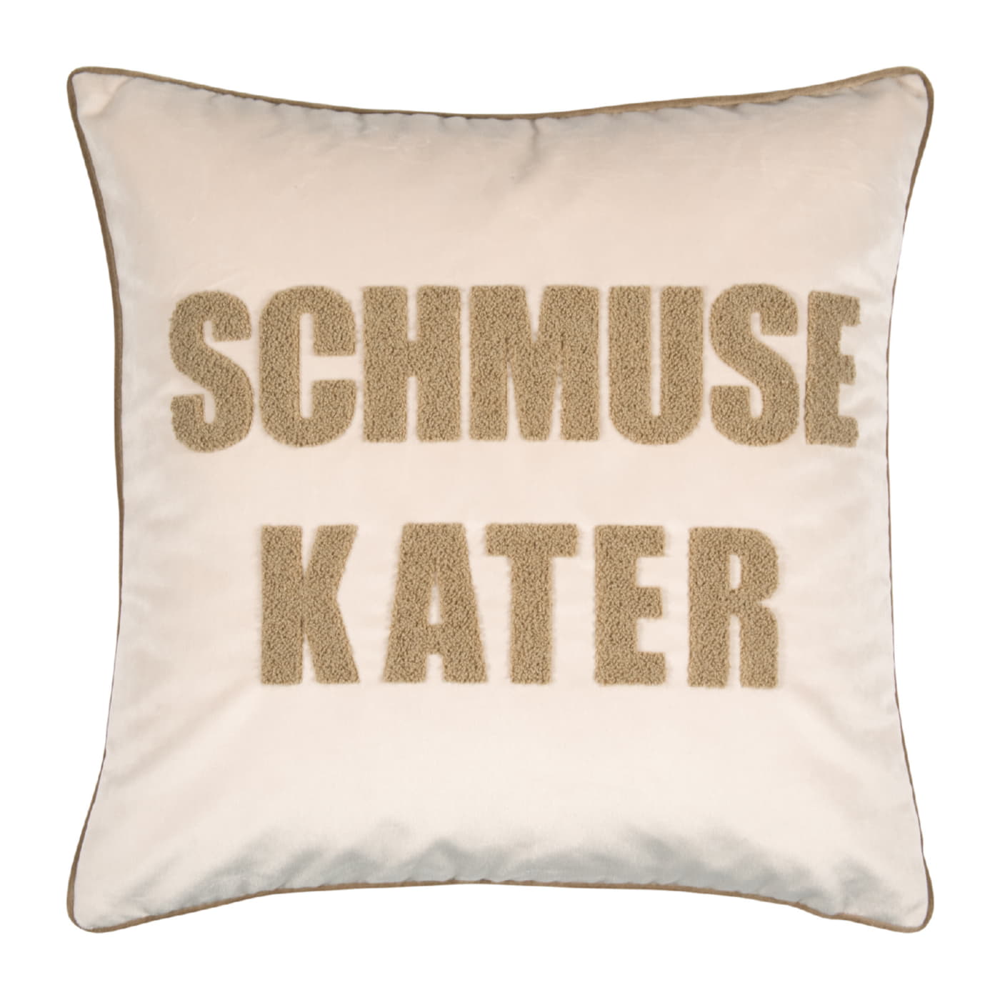 Kissen Kissenbezug beige mit dunkel beiger Schrift Schmusekater auf weißem Hintergrund