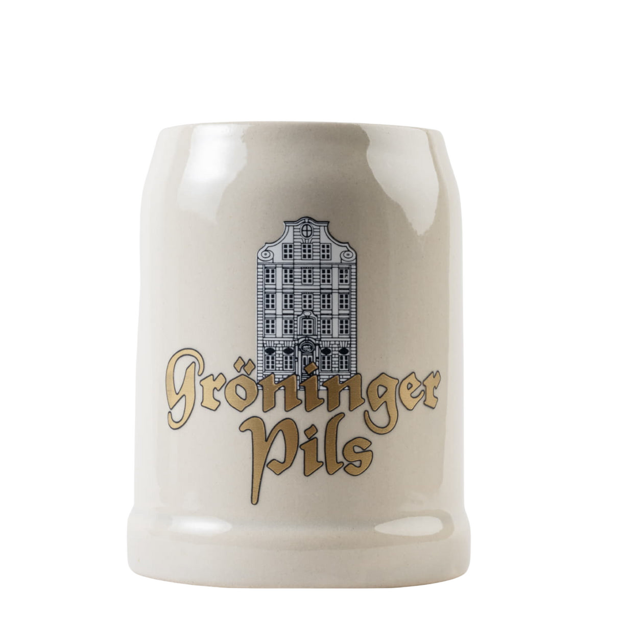 Ein Gröninger Pils Bierkrug mit Logo der Gröninger Brauerei von vorne auf weißem Hintergrund