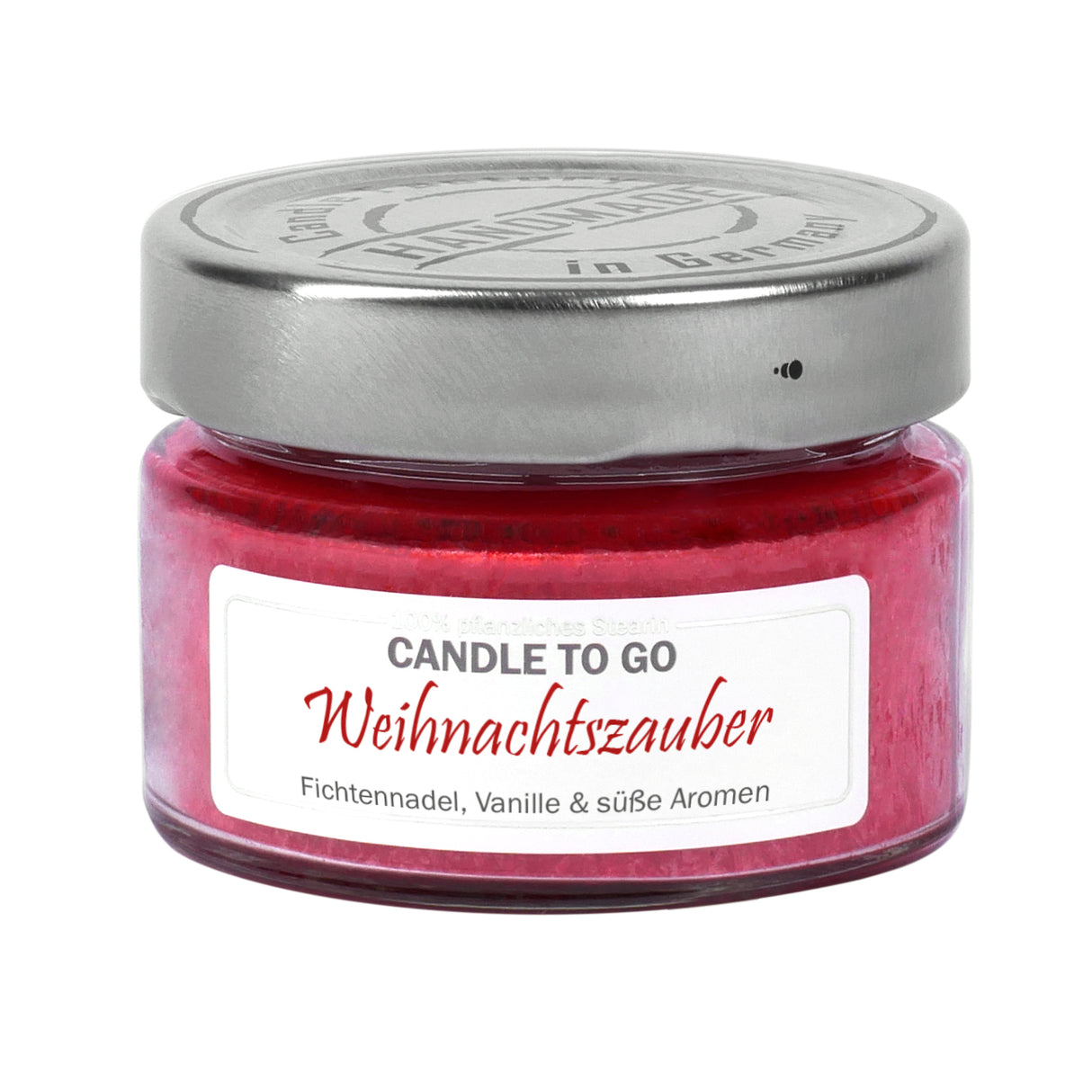 Rote Candle To Go Kerze im Glas Weihnachtszauber auf weißem Hintergrund