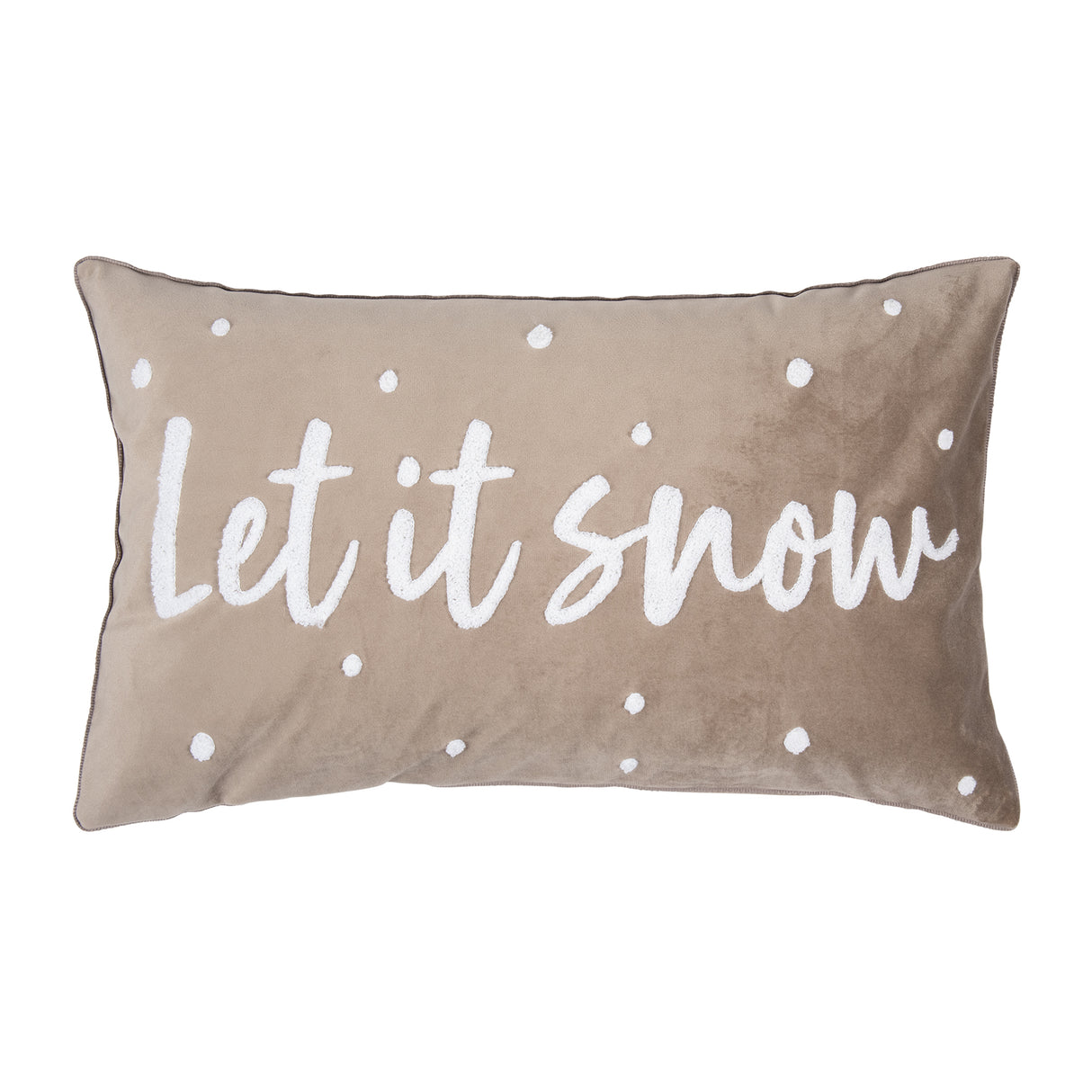 Kissenbezug in beige mit weißer Schrift Let it Snow und weißen Punkten auf weißem Hintergrund