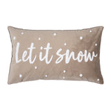 Kissenbezug in beige mit weißer Schrift Let it Snow und weißen Punkten auf weißem Hintergrund